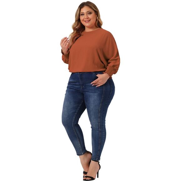 Plus Size Chiffon Tops Batwing Ruffle Elbow Sleeve Loose Shirts Caramel - Picture 3 of 5